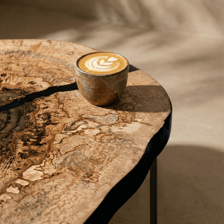 spalted beech table top end grain detail with a myriad of colours and tones. natural live edge coffee table