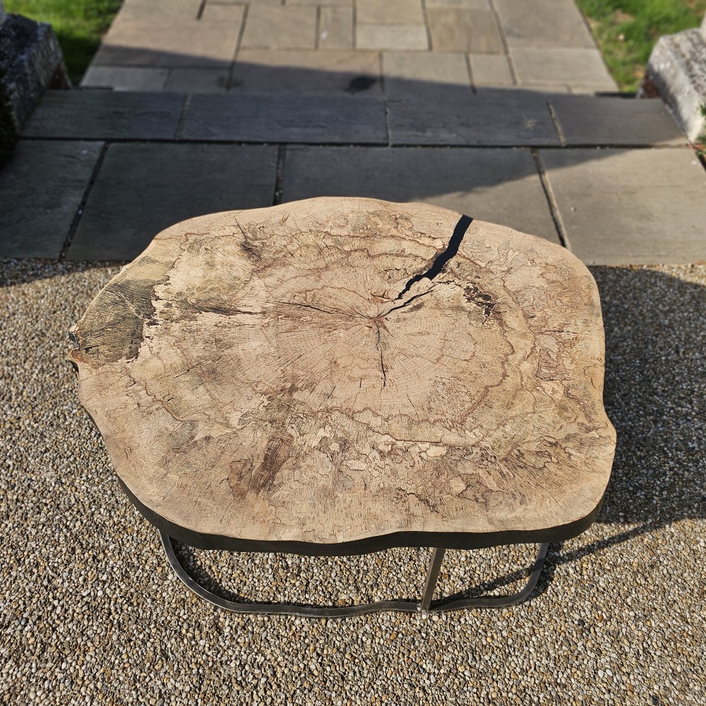 Latmore spalted beech slice tree trunk coffee table grain details A slice of spalted beech with intricate grain features. colours and tones from the natural spalting of the wood.