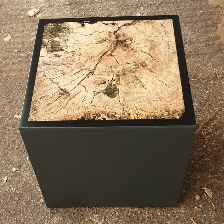 Spalted beech wooden cube side table Harper Real wood cube side table with natural spalted beech top